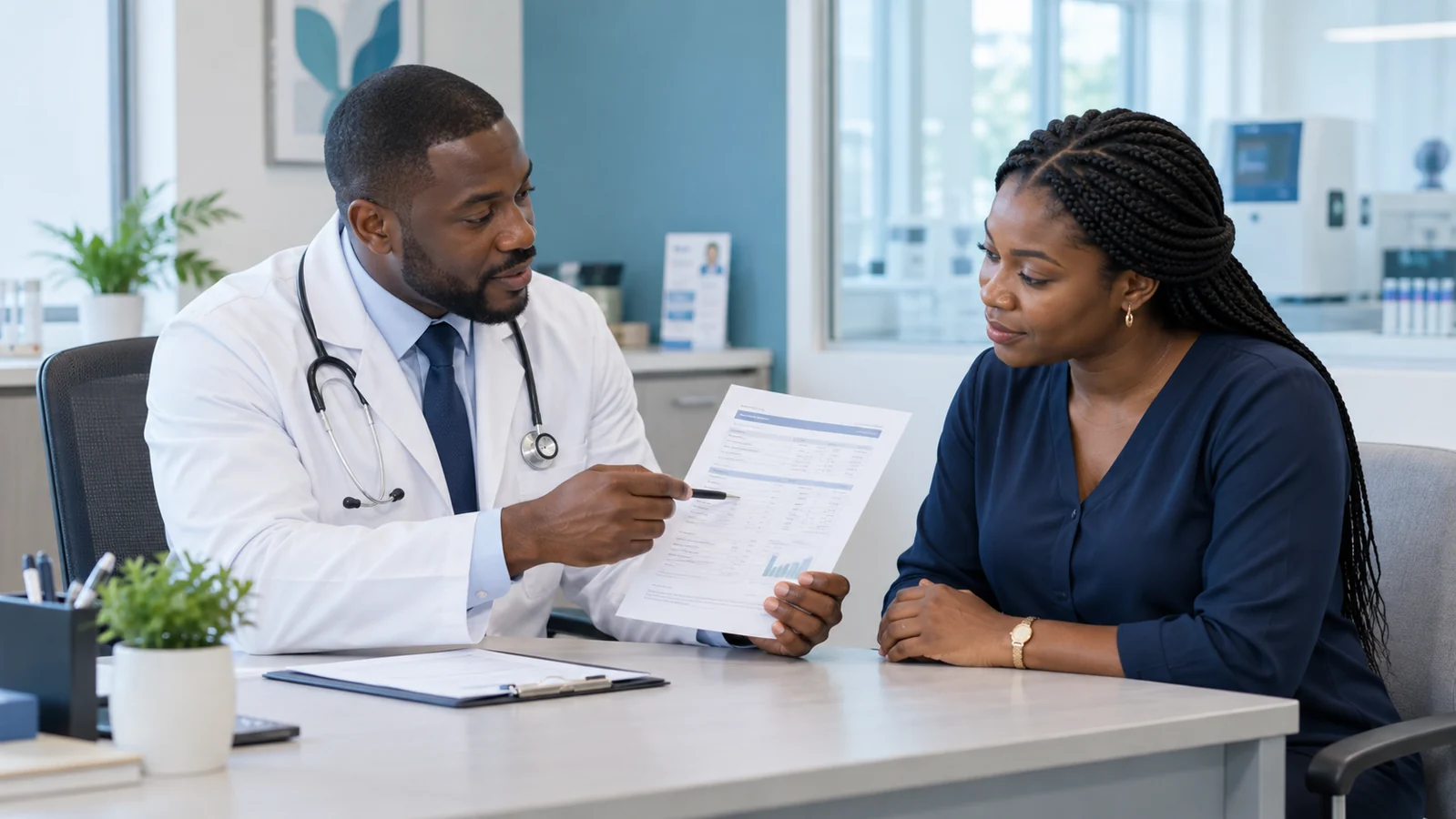 Nigerian clinician explaining a laboratory result to a patient