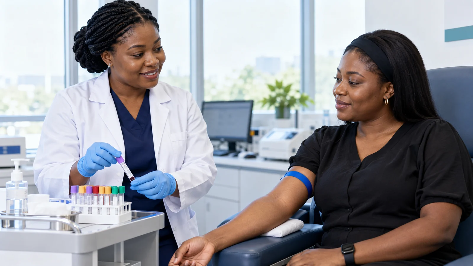 Nigerian laboratory professional preparing a patient for a laboratory test