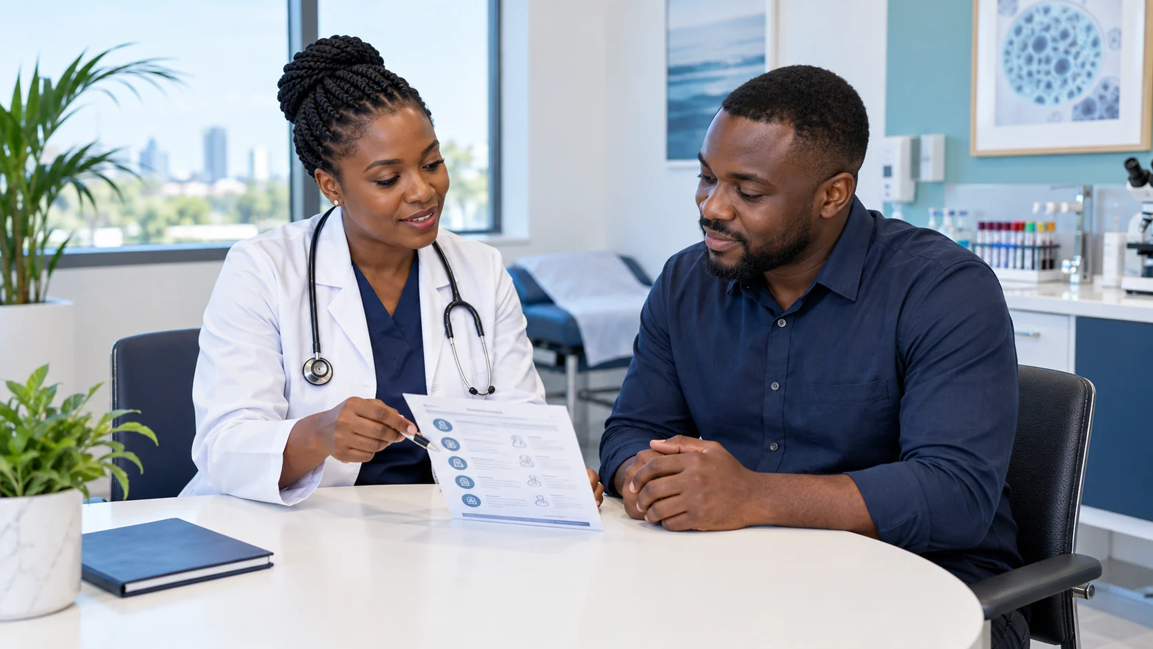 Clinician explaining laboratory preparation to a patient